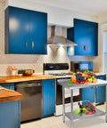 Stainless Steel Prep Table 24x36 Inches With Adjustable Undershelf in a colorful kitchen setting, holding fruits and groceries.