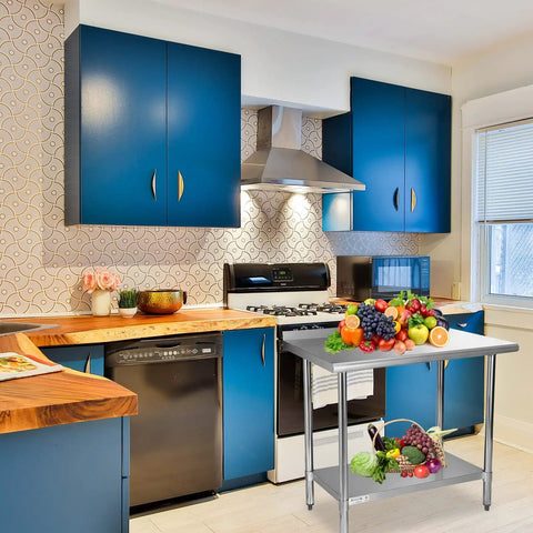 Stainless Steel Prep Table 24x36 Inches With Adjustable Undershelf in a colorful kitchen setting, holding fruits and groceries.