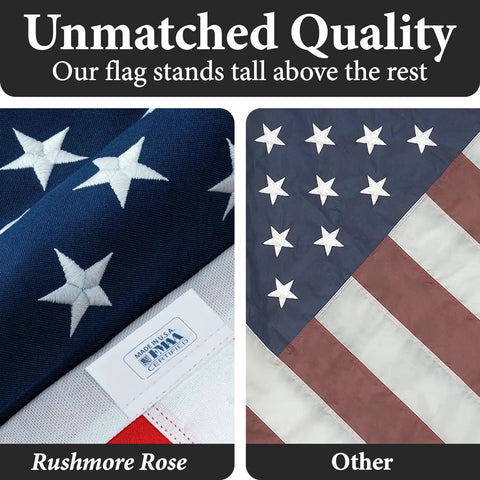 Comparison of two American flags showcasing the Rugged Outdoor American Flag 3x5 Foot Made In USA From 100 Percent Polyester Built To Last