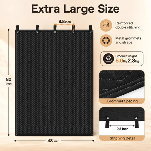 Straight Up Heavy Duty 48X80 Sound Absorbing Studio Blanket With Metal Grommets For Wall Hanging showing dimensions and stitching details.