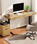 Smooth Operator Electric Standing Desk With Slim File Cabinet 63 Inch Height Adjustable Sit Stand Work Table Whisper Quiet Motor Natural Oak Desktop For Daily Grind Productivity Boost Setup with desktop and chair.