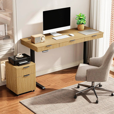 Smooth Operator Electric Standing Desk With Slim File Cabinet 63 Inch Height Adjustable Sit Stand Work Table Whisper Quiet Motor Natural Oak Desktop For Daily Grind Productivity Boost Setup with desktop and chair.