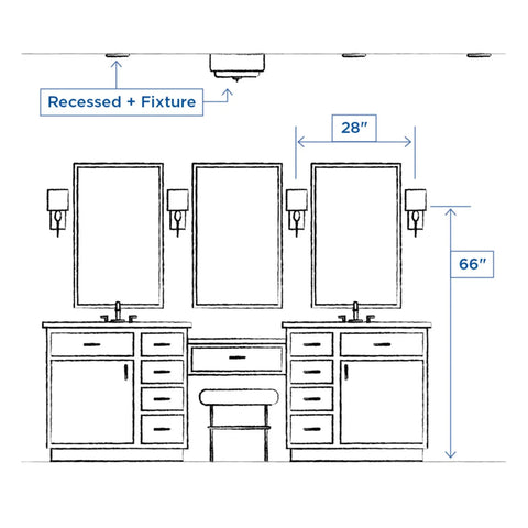 Diagram of bathroom layout with Status Collection Two Light Etched Linen Glass Coastal Bath Vanity Light In Polished Chrome above sinks.