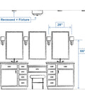 Diagram of bathroom vanity layout with measurements for LED Vanity Light 22 Inch With Etched White Glass Brushed Nickel Finish Luxe Bath Fixture