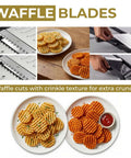 Gramercy adjustable mandoline slicer, front view; waffle blade; includes cut resistant gloves and fry cutter.