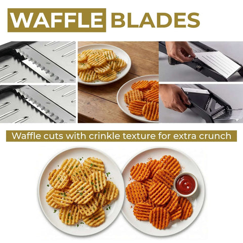 Gramercy adjustable mandoline slicer, front view; waffle blade; includes cut resistant gloves and fry cutter.