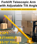 Beefy Workhorse Forklift Telescopic Jib Boom With 2 Ton Capacity And 0 To 75 Degree Tilt Plus 7 To 12 Foot Reach Extender featuring a yellow crane arm holding boxes.