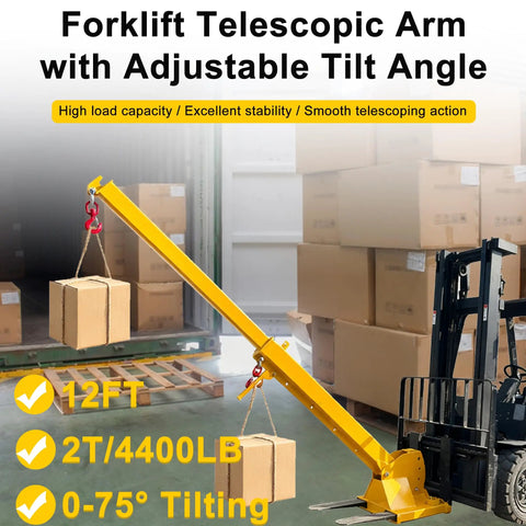 Beefy Workhorse Forklift Telescopic Jib Boom With 2 Ton Capacity And 0 To 75 Degree Tilt Plus 7 To 12 Foot Reach Extender featuring a yellow crane arm holding boxes.