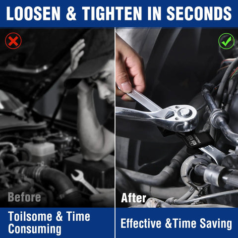 Side-by-side comparison of a mechanic struggling with a wrench versus using a wrench extender tool for 1/2 inch breaker bars.