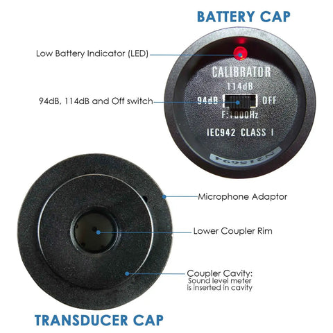 Sound Level Calibrator For Noise Measurement Pro Grade Decibel Meter Calibration With 94dB And 114dB Outputs labeled parts