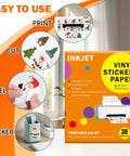 Pro Grade Clear Vinyl Sticker Paper 30 Sheets Printable Self Adhesive Label Sheets Letter Size 8X11 Inch For Inkjet Printers displayed with printer printing colorful stickers.