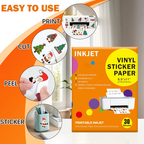 Pro Grade Clear Vinyl Sticker Paper 30 Sheets Printable Self Adhesive Label Sheets Letter Size 8X11 Inch For Inkjet Printers displayed with printer printing colorful stickers.
