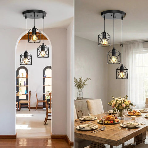 Slick Farmhouse Three Light Pendant With Adjustable Drop Cords Matte Black Hanging Ceiling Lamp in dining area, elegant design.