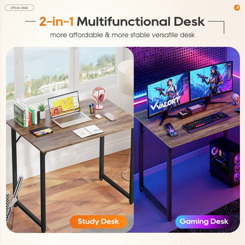 Compact 32 Inch Computer Desk In Brown With Steel Frame And Adjustable Feet, setup for dual monitors and study use