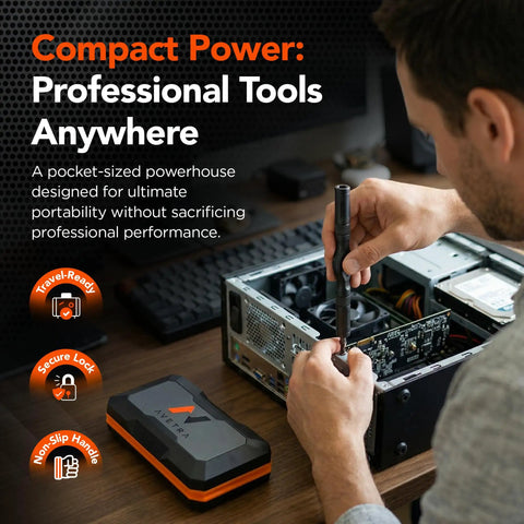Man using Magnetic Ratchet Screwdriver Set With Flexible Shaft and 42-In-1 Precision Bits for computer repair