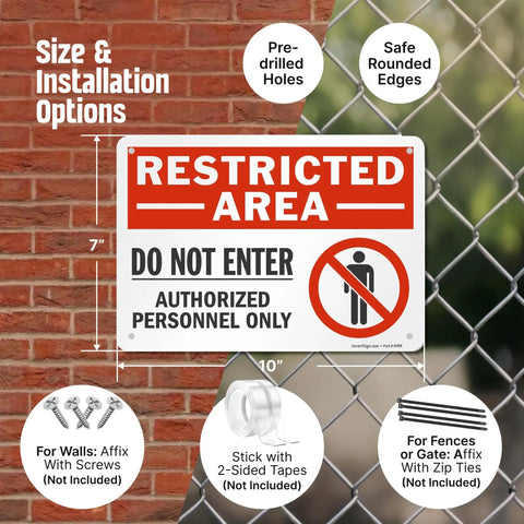 Restricted Area Do Not Enter Authorized Personnel Only OSHA Metal Sign, 10 by 14 Inch, 40 Mil Laminated Aluminum, Rustproof, Red Black White, Made in USA, Easy Mount With Four Corner Holes