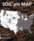 U.S. map showing regions with acidic and alkaline soil pH, labeled as SOIL pH MAP over a soil background.