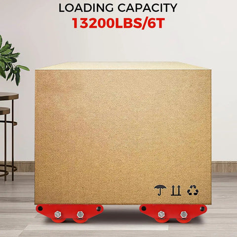 6 Ton Heavy Duty Moving Dolly With 360 Degree Rotating Anti Skid Pad For Industrial Equipment Carbon Steel Machine Skate With PU Wheels For Workshop Warehouse Transport, red dolly under crate