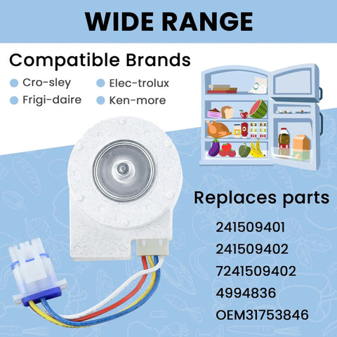Evaporator Fan Motor For Refrigerator Replacement 241509402 with wiring, showcasing compatible brands and replacement part numbers
