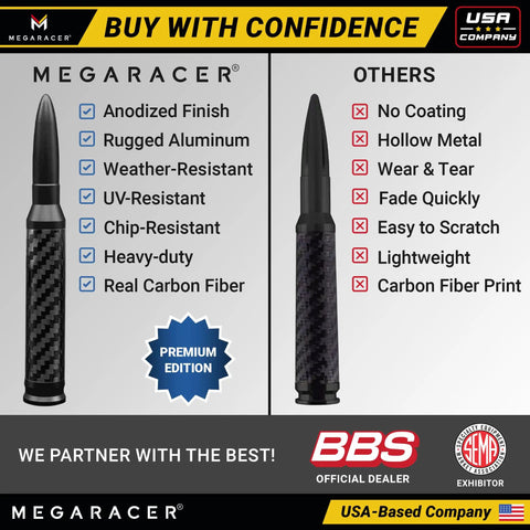 Premium Anodized Carbon Fiber 50 Cal Bullet Antenna For Ford F150 F250 Truck with rugged aluminum and UV-resistant features.