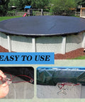 Easy To Install Pool Cover Cable And Winch Kit for Above Ground Pools, 100 Feet Of Heavy Duty Cable shown securing winter cover.