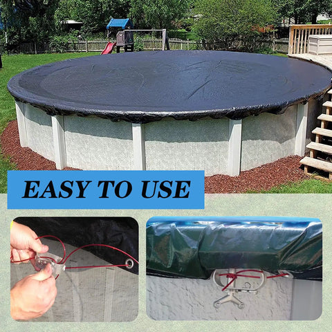 Easy To Install Pool Cover Cable And Winch Kit for Above Ground Pools, 100 Feet Of Heavy Duty Cable shown securing winter cover.
