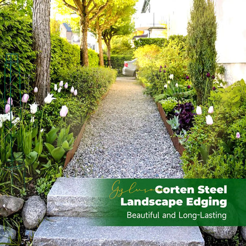 Garden path with Pre Rusted Steel Garden Edging 40 Inch Long 8 Inch Deep 180 Degree Top Bend Protective Border Pack Of 6.