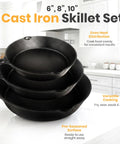 Premium Cast Iron Skillet Set 6, 8, 10 Inch Preseasoned Frying Pans stacked in white kitchen setting.