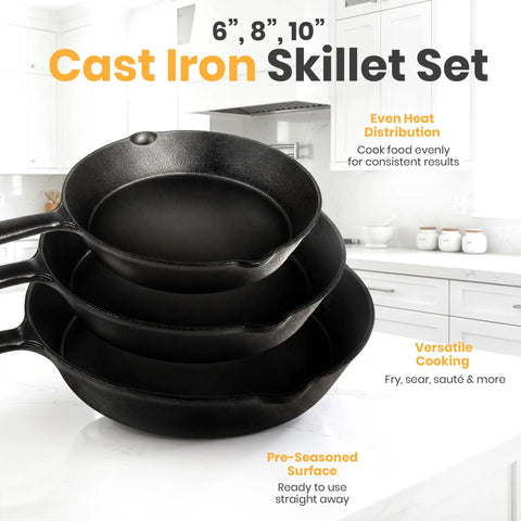 Premium Cast Iron Skillet Set 6, 8, 10 Inch Preseasoned Frying Pans stacked in white kitchen setting.