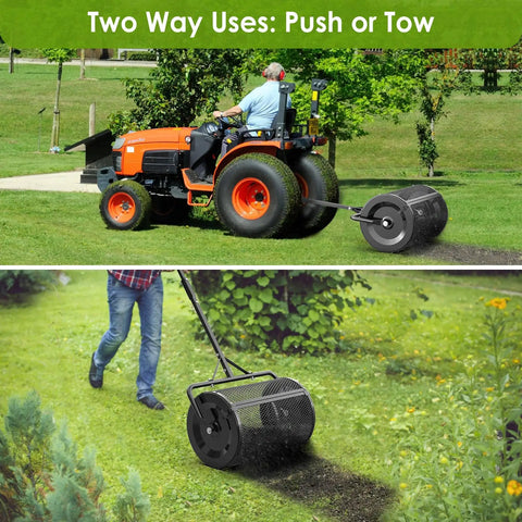 24 Inch Compost And Top Dressing Spreader For Lawns With Peat Moss Capabilities, 2 In 1 Push Or Tow Design in garden use
