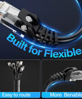 10Gbps Cat6 Ethernet Cable 75 Ft UTP Bare Copper Network Cable, flexible and easy to route, black with RJ45 connector, close-up view