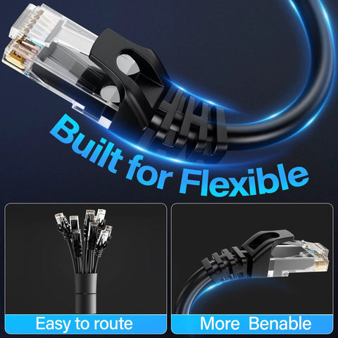 10Gbps Cat6 Ethernet Cable 75 Ft UTP Bare Copper Network Cable, flexible and easy to route, black with RJ45 connector, close-up view