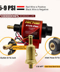 Universal 12 Volt Electric Fuel Pump For Cars And Trucks with 5-9 psi output, showing inlet and outlet sizes and wiring.