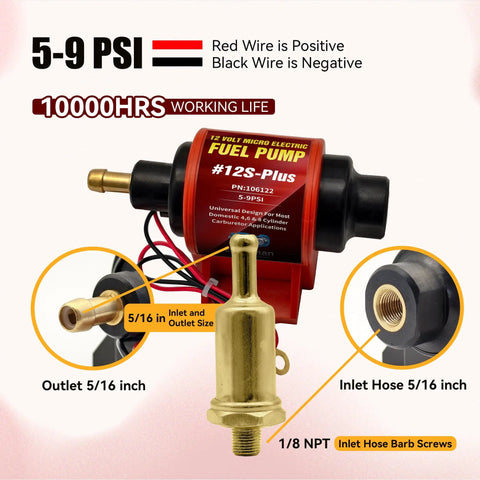 Universal 12 Volt Electric Fuel Pump For Cars And Trucks with 5-9 psi output, showing inlet and outlet sizes and wiring.