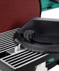 Close-up of adjustment knob and base on Heavy Duty 4X36 Belt Sander Paired With 6 Inch Disc Sander built tough for precision work.