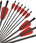 Carbon Crossbow Bolts 15 Inch With 100 Grain Removable Tips For Hunting Target Shooting, red fletching, pack of 10 displayed.