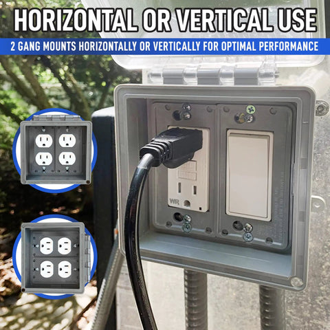 Two Gang Weatherproof In Use Outlet Cover For Outdoor Plugs And Receptacles, mounted horizontally with switch and GFCI plug.
