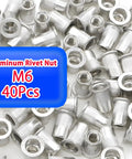 M6 Rivet Nuts Set 40 Pieces With Rivet Nut Tool Kit Aluminum Rustproof Rivnuts Easy To Install Comes With Storage Box And Rivnut Setting Tool For Quick Strong Permanent Fixes shown as aluminum rivnuts