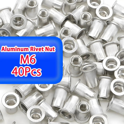 M6 Rivet Nuts Set 40 Pieces With Rivet Nut Tool Kit Aluminum Rustproof Rivnuts Easy To Install Comes With Storage Box And Rivnut Setting Tool For Quick Strong Permanent Fixes shown as aluminum rivnuts