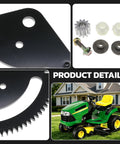 Steering Sector Pinion Gear Repair Kit For John Deere Lawn Tractors L105 L130 with metal bushings details next to a green lawn tractor
