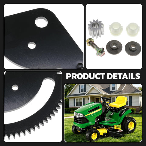 Steering Sector Pinion Gear Repair Kit For John Deere Lawn Tractors L105 L130 with metal bushings details next to a green lawn tractor