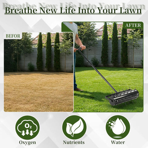 Rolling Lawn Aerator With T Shaped Handle 17 Inch Width 36 Reinforced Steel Spikes For Deep Soil Penetration Boosting Soil Health Manual Spike Aerator With Fillable Weight Roller Easy 20 Minute Assembly Black in use on a lawn showing before and after results.