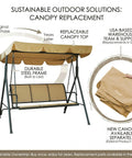 Three Person Outdoor Porch Swing With Canopy Shade, Breathable Textilene Seat And Armrests, Adjustable Canopy, Steel Frame