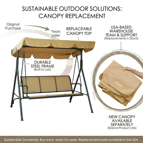 Three Person Outdoor Porch Swing With Canopy Shade, Breathable Textilene Seat And Armrests, Adjustable Canopy, Steel Frame