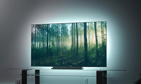 TV displaying forest scene with Z TV LED Light Strip Multicolor Kit With Wi Fi Control No Hub Needed 3 Ft 3 In Strip glowing