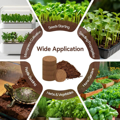 Collage showcasing uses of 55 pack compressed coco coir pellets for seed starting and indoor plants, herbs, vegetables.