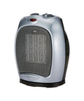Oscillating Ceramic Portable Indoor Space Heater with 1500W fast heat, silver design, front view showing grill and controls