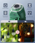 Close-up of Dope Outdoor Power Strip Timer With Photocell showing on/off switch, light sensor, and two lighting modes.