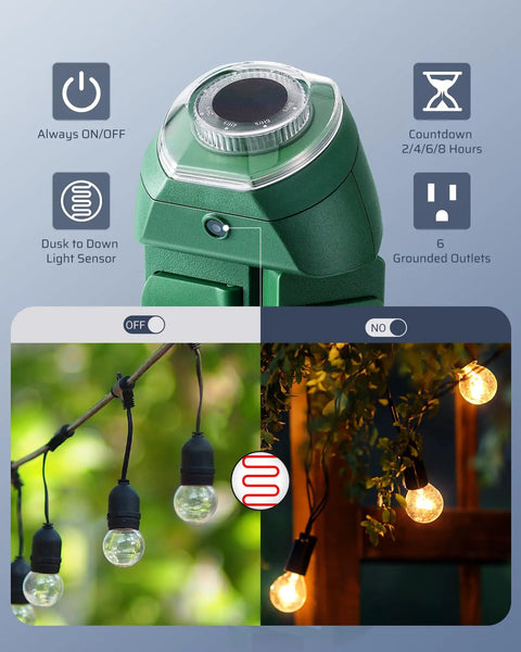 Close-up of Dope Outdoor Power Strip Timer With Photocell showing on/off switch, light sensor, and two lighting modes.
