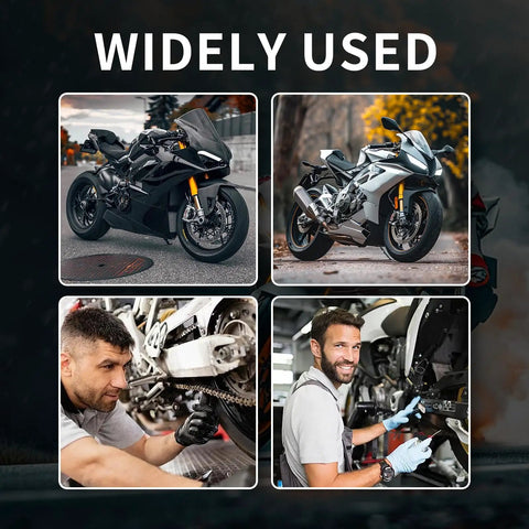 Images of motorcycles and mechanics working on bikes using a Compact Motorcycle Repair Tool Kit 8 Piece Portable Set